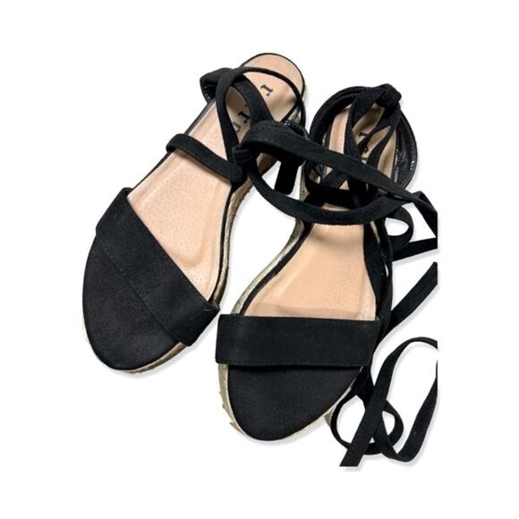 Retro Women's FRM1 Black Faux Suede Wrap-Around Strap Wedges Sandals - Picture 3 of 7